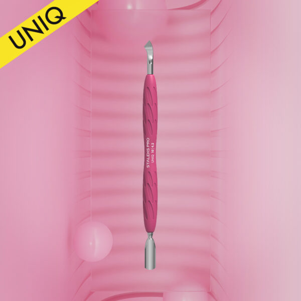 Manicure pusher Gummy with silicone handle UNIQ 10 TYPE 4.2 (rounded narrow pusher and bent blade)